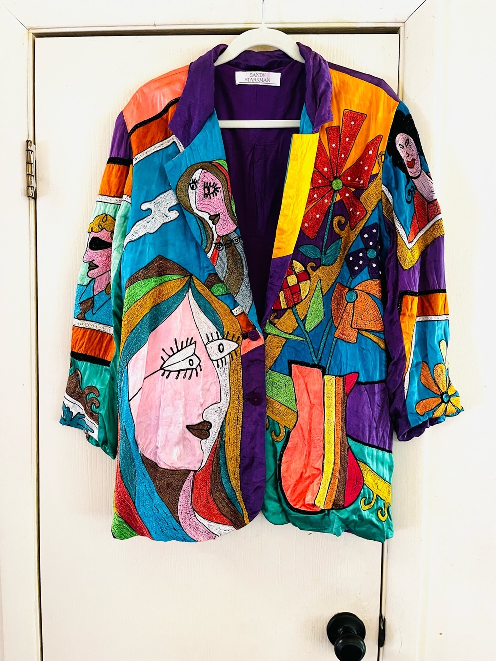 VTG Sandy Starkman Wearable Art Silk Picasso Inspired Boho Maximalism Jacket M